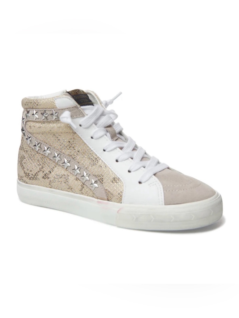 Vintage Havana White and Beige Snake-Print High Top Sneakers with Star Studs